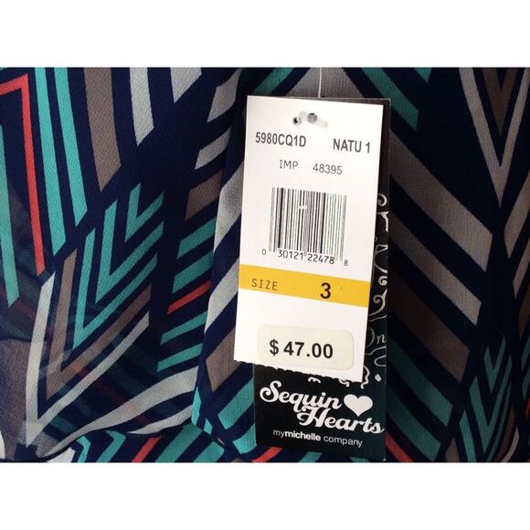 Sequin Hearts Women’s Dress Size 3 Sleeveless Chevron Design BlueTeal BeigeCoral - Picture 3 of 8